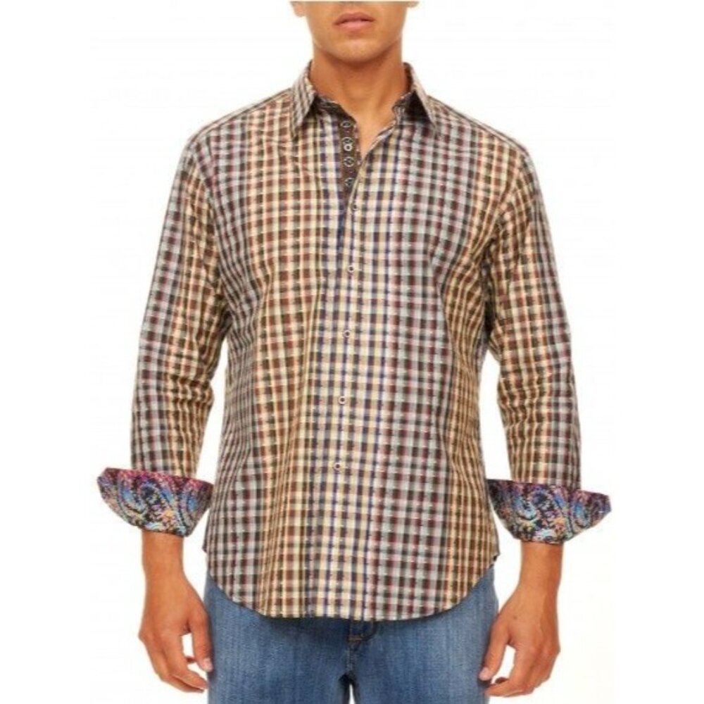 Robert Graham Plaid Woven Button-Down Shirt Contrast Paisley Cuff Collar Size XL